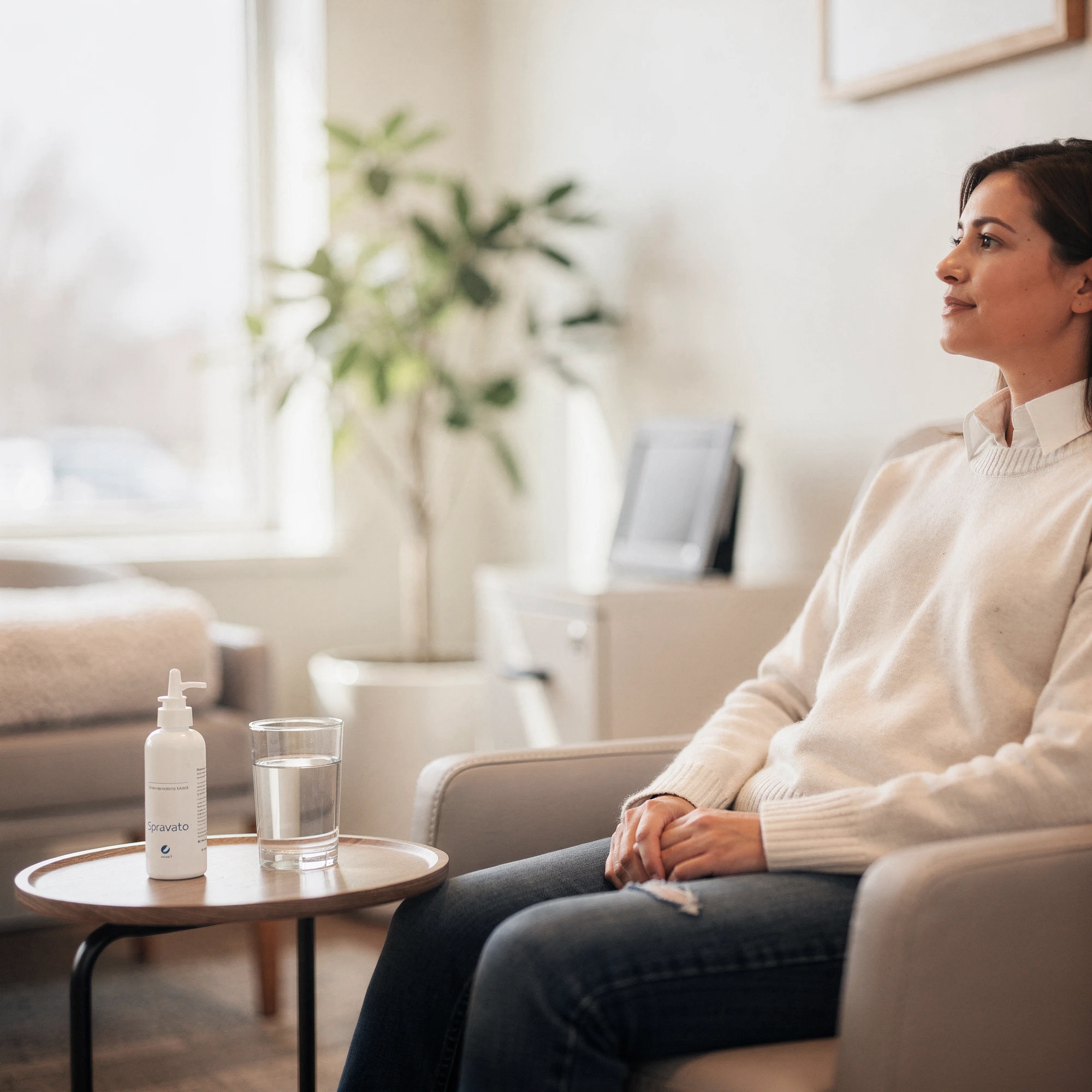 Patient seated in a calm clinical setting with Spravato treatment supplies on a nearby table
